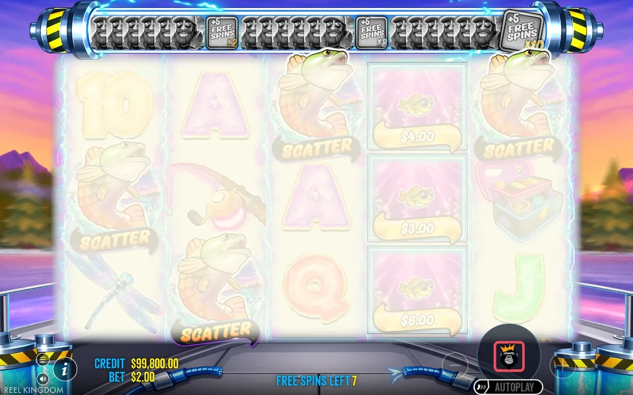 Free Spins tracker overlay fades in above reels with Scatter symbols and Money tiles $4.00, $3.00, $6.00.