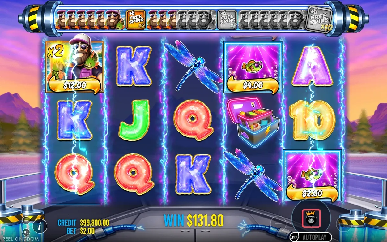 Free Spins reel shows Fisherman Wild x2 collecting Money tiles $12.00, $4.00 and $2.00 for a $131.80 win.