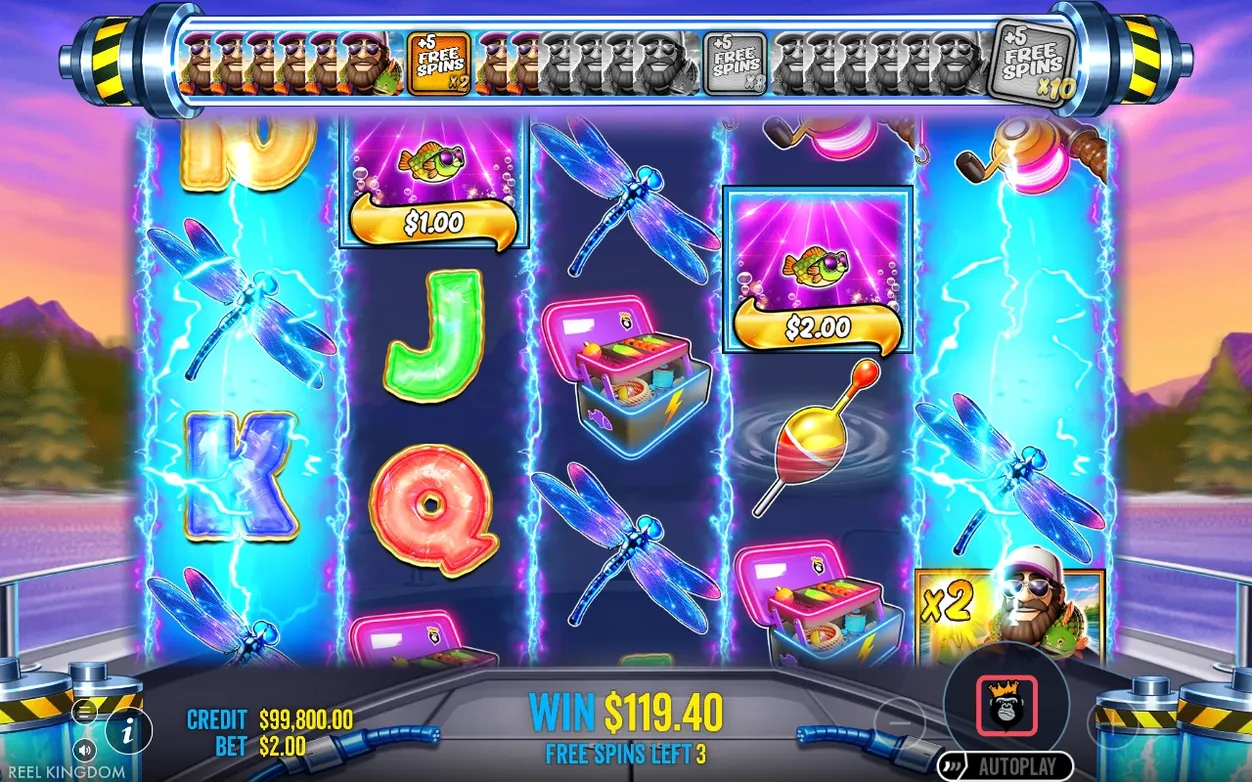 Free Spins reel shows dragonflies, tackle boxes and Money tiles $1.00 and $2.00, WIN $119.40, Free Spins Left 3.
