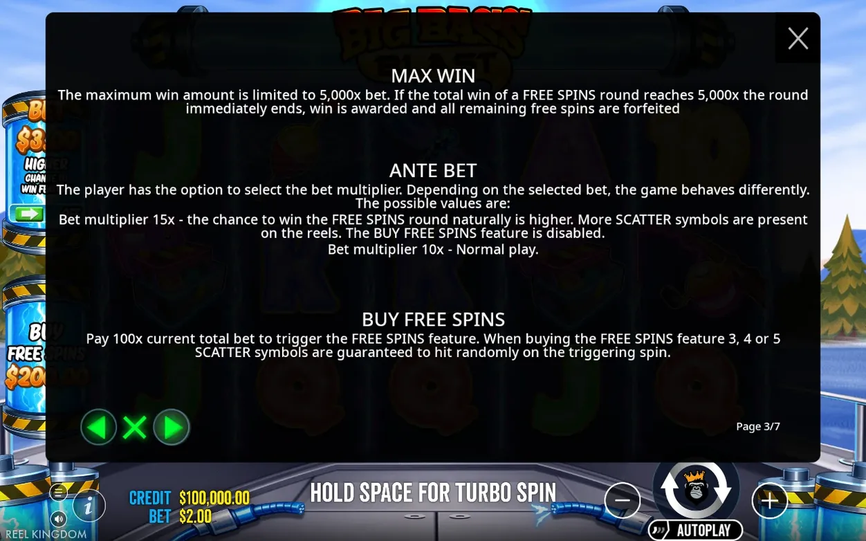 Paytable page 3/7 explains Max Win cap, Ante Bet multipliers, and Buy Free Spins cost rules.