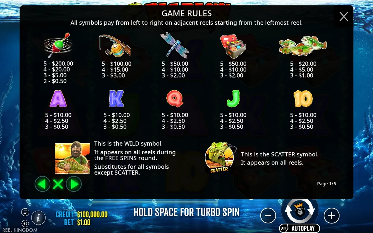 Game Rules page 1 of 6 lists payout values for lure, rod and reel, dragonfly, tackle box and fish symbols.