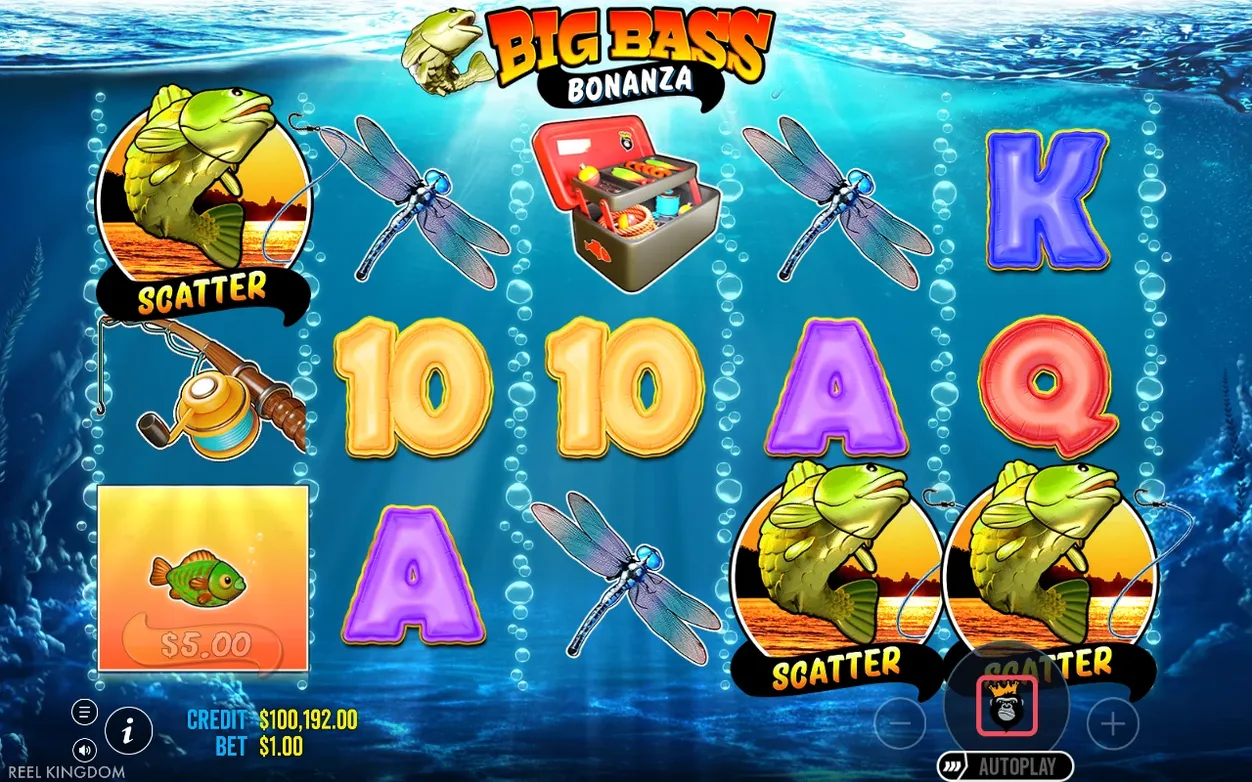 Reels display BIG BASS BONANZA logo, two SCATTER bass fish, tackle box and a $5.00 money tile at $100,192.00 credit.