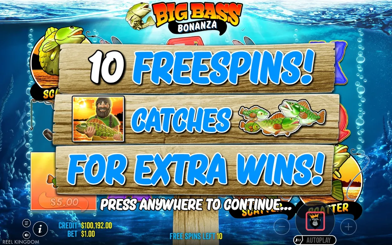 Intro banner announces 10 FREESPINS with fisherman WILD catching three bass fish, 10 free spins left, credit $100,192.00.