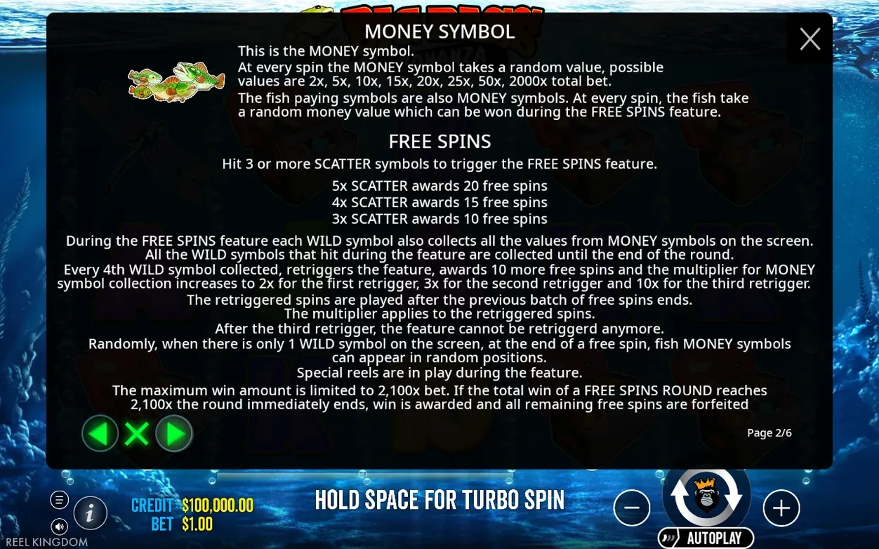 Rules page 2 of 6 details random MONEY values 2x-2000x, scatter trigger counts and retrigger multipliers.