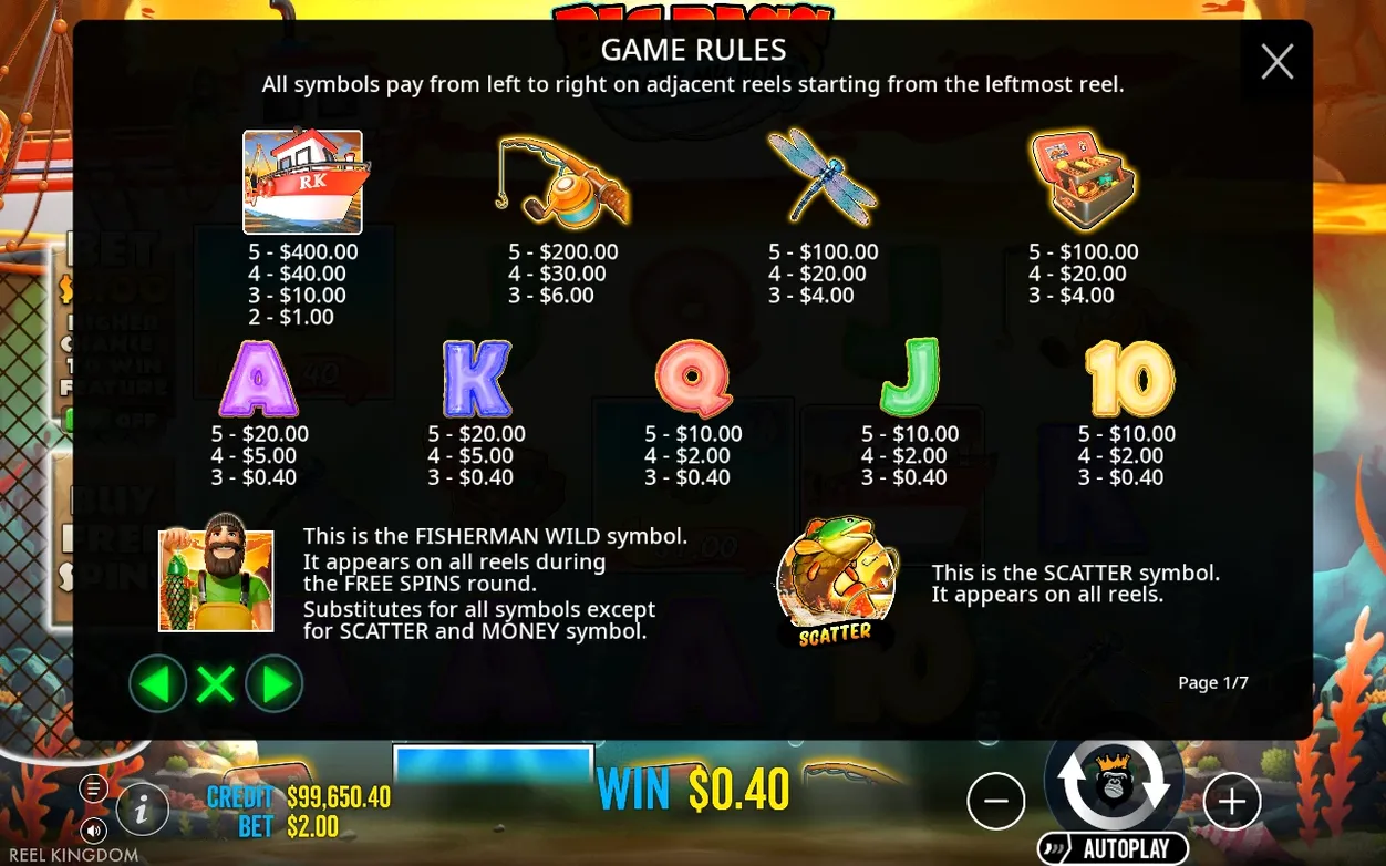 Game rules page one of seven lists payouts for RK Boat, fishing rod, dragonfly, tackle box, royal letters, wild and scatter.