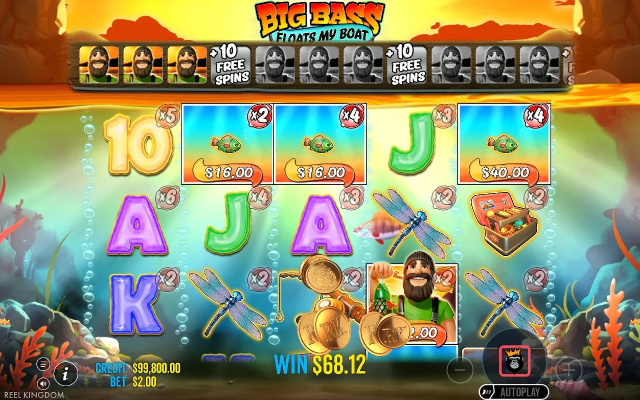 Free spins reels show multipliers up to x6, fisherman wild gathering RK coins, win total $68.12 displayed.