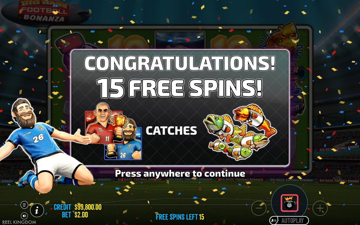 Congratulations overlay for 15 Free Spins, showing footballer characters, trophy and fish-cluster Catches icon.