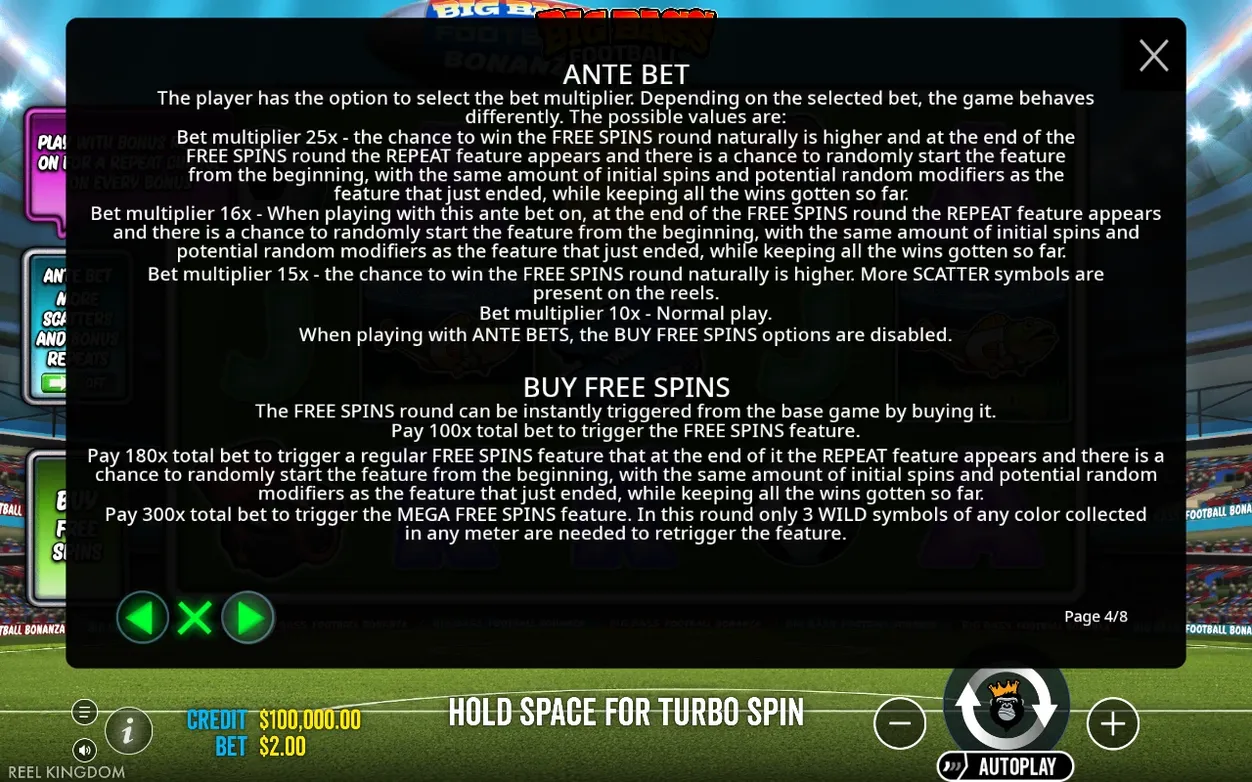 Rules page 4 of 8 covers Ante Bet multipliers and the three Buy Free Spins purchase options.