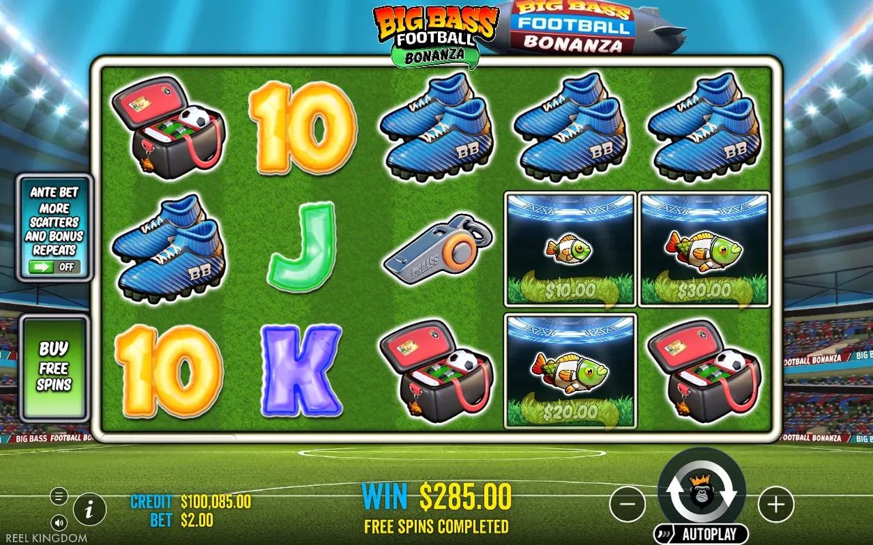 Reels show boots, letters and fish icons after Free Spins; WIN $285.00 displayed, Free Spins Completed.