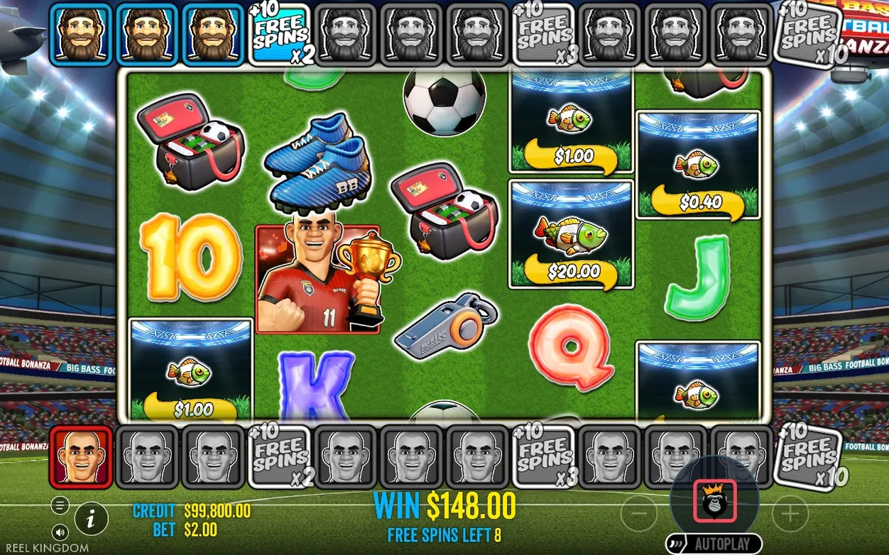 Free Spins gameplay with red footballer Wild #11 holding a trophy; WIN $148.00, Free Spins Left 8.