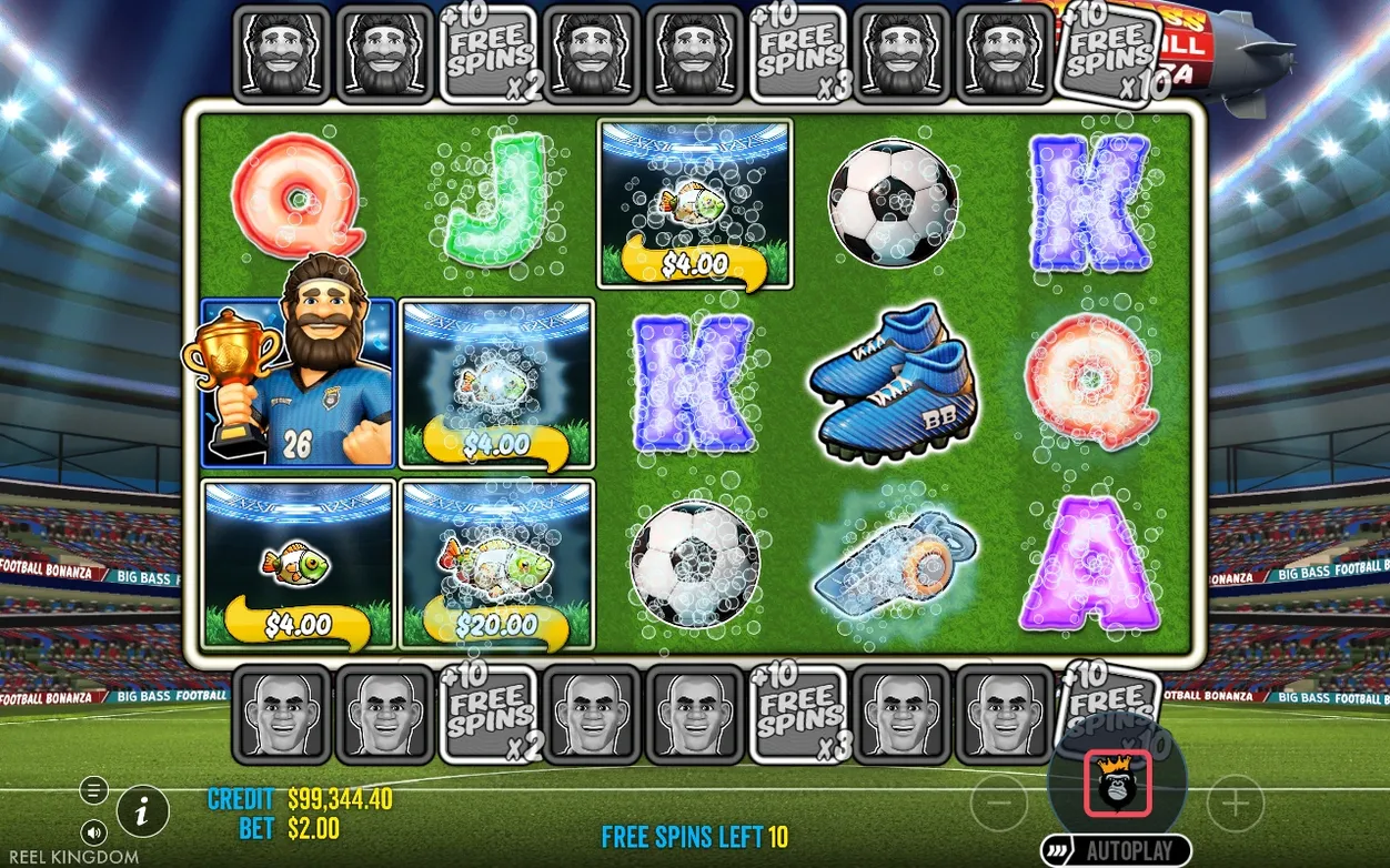 Bubble-covered symbols surround blue footballer Wild #26 in Mega Free Spins; Free Spins Left reads 10.