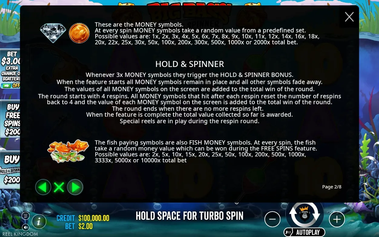 Rules page 2/8 shows diamond and fish-coin MONEY symbols, their value list, and Hold & Spinner bonus mechanics text