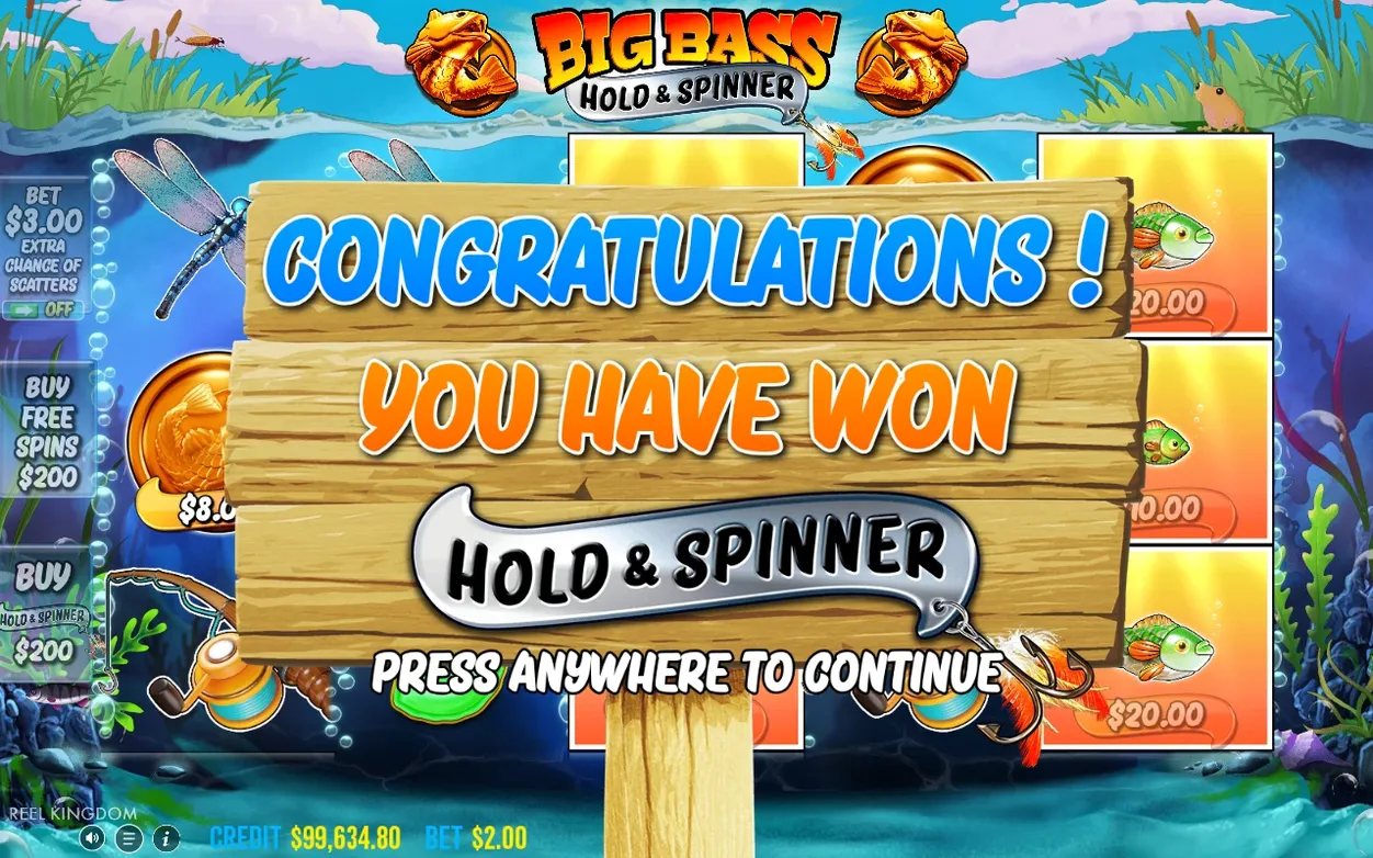Wooden sign reads Congratulations, you have won Hold & Spinner, with credit $99,634.80 and bet $2.00 shown