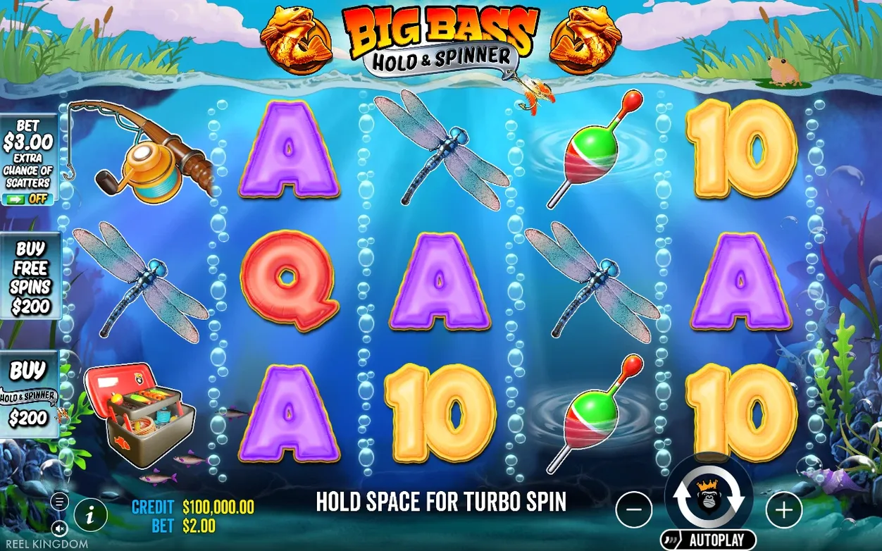 Underwater reels show purple A, red Q, dragonflies, a bobber and gold 10 symbols; bet $2.00, credit $100,000.00