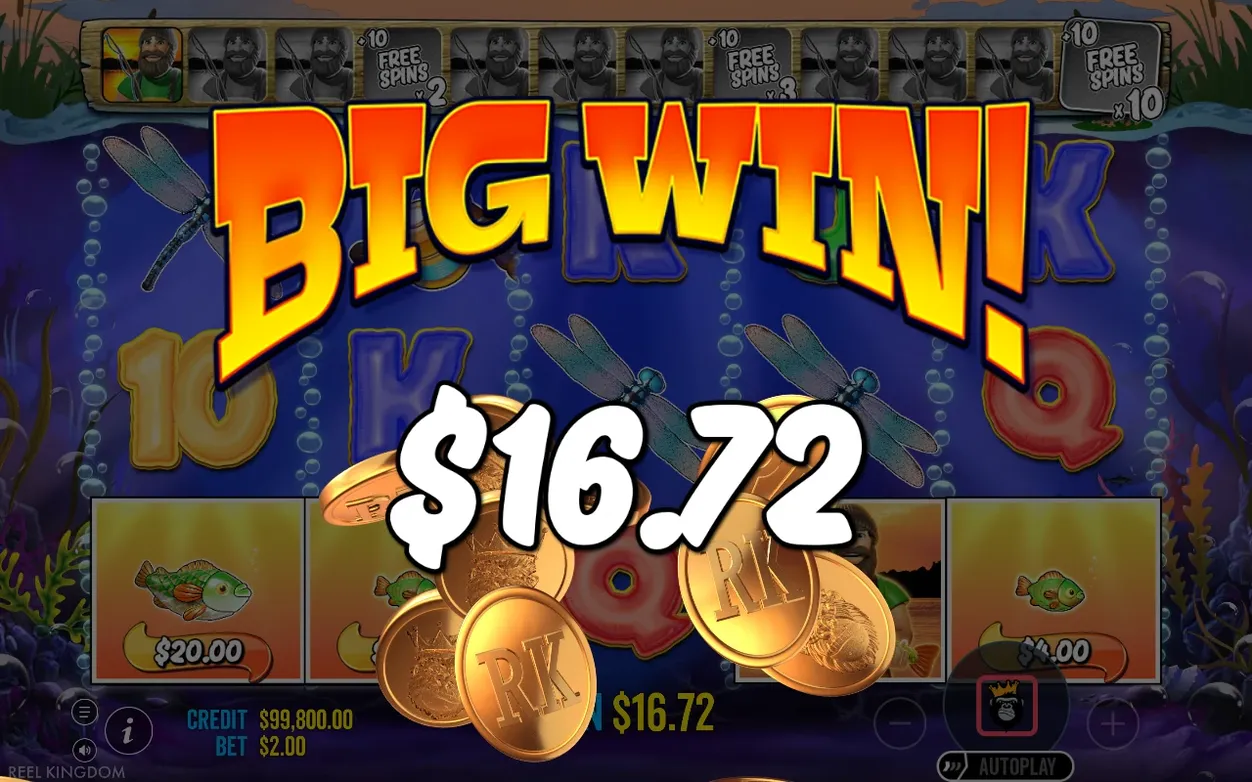 Big Win $16.72 banner over reels with K, Q, 10 and dragonflies; collection meter and fish money cards $20.00, $4.00 at top