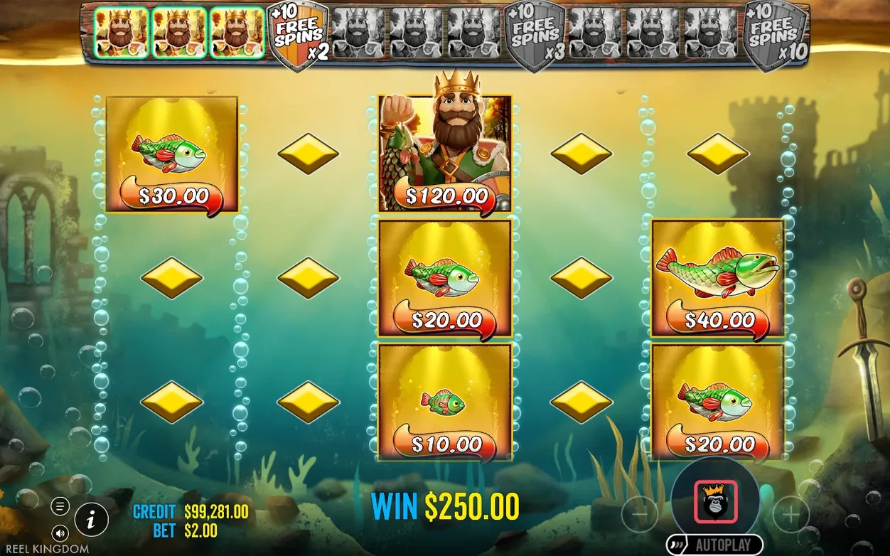 Golden Lake free spins: WIN $250.00, king wild worth $120.00 among scattered money boxes.