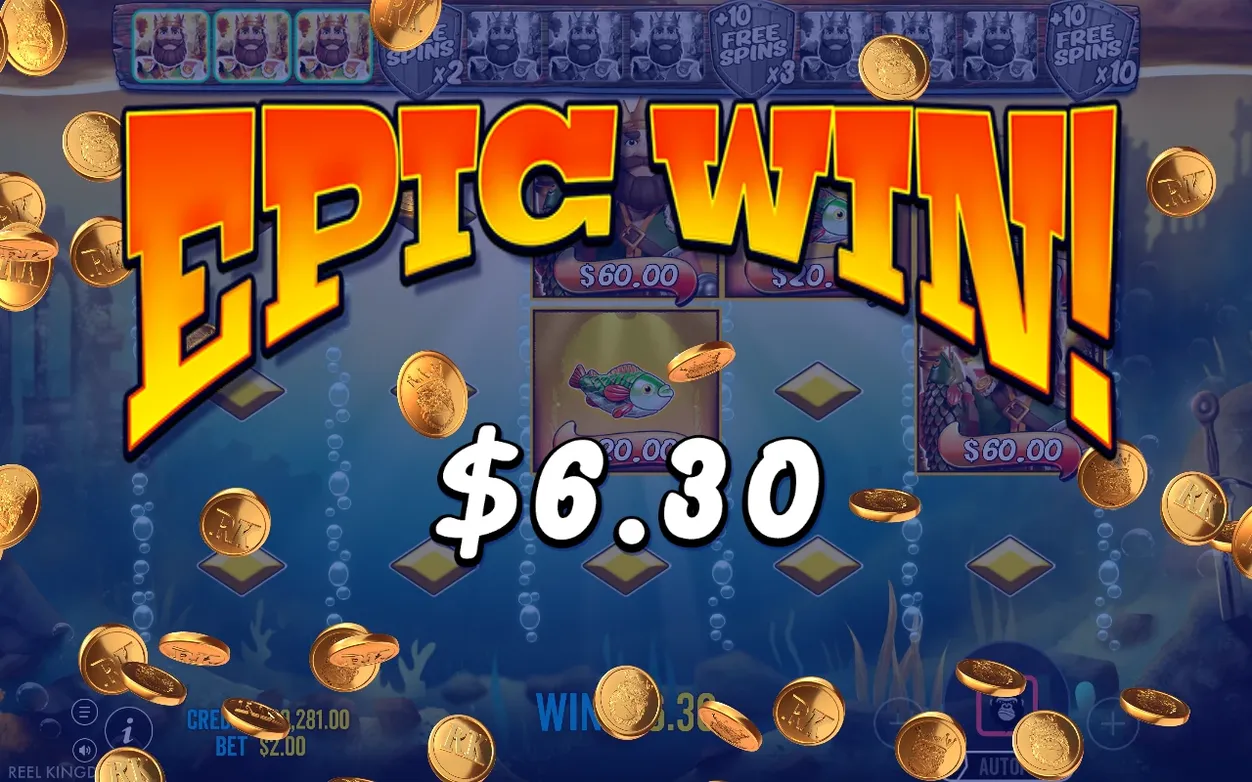 Epic Win banner climbs toward $6.30 during a Golden Lake free spin, coins falling over $60.00 money boxes.