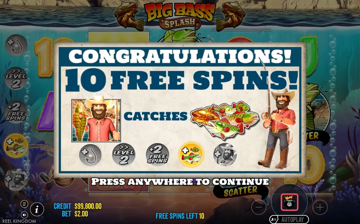 Congratulations popup confirms 10 Free Spins, showing the fisherman with a fish, Catches label and modifier icons.