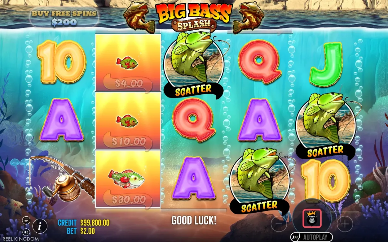 Reels show three green Scatter fish and fish-value cards worth $4.00, $10.00 and $30.00, with a Good Luck prompt.