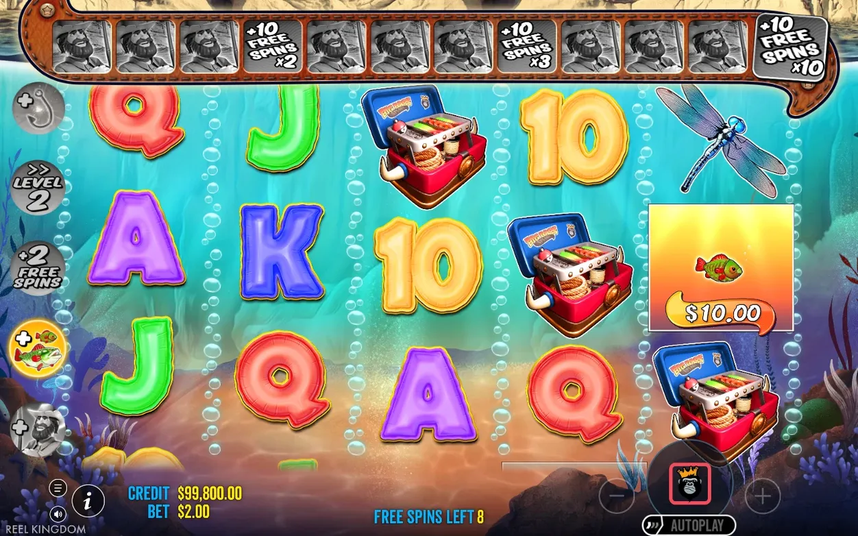 Free Spins gameplay shows two tackle boxes, a $10.00 fish value and a dragonfly, tracker greyscale, 8 spins left.
