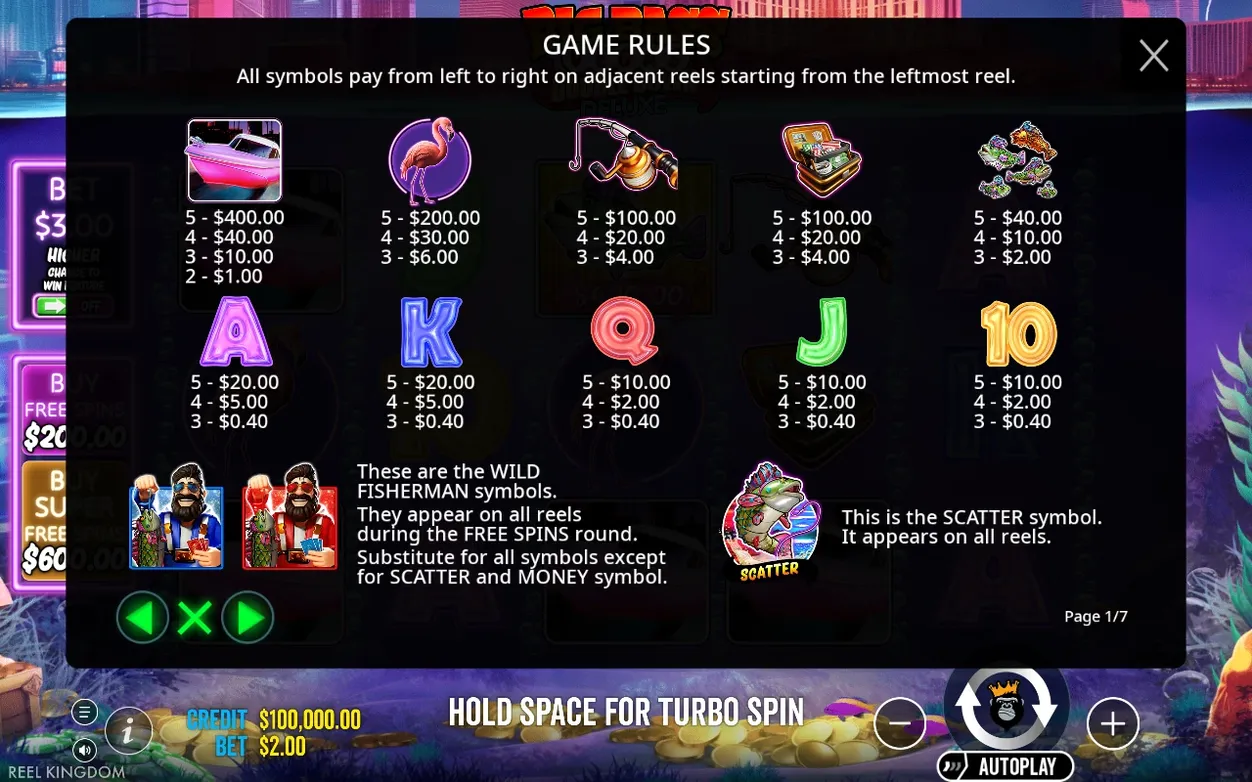 Paytable page lists speedboat, flamingo, reel, briefcase and letter payouts, plus wild fisherman and scatter symbols
