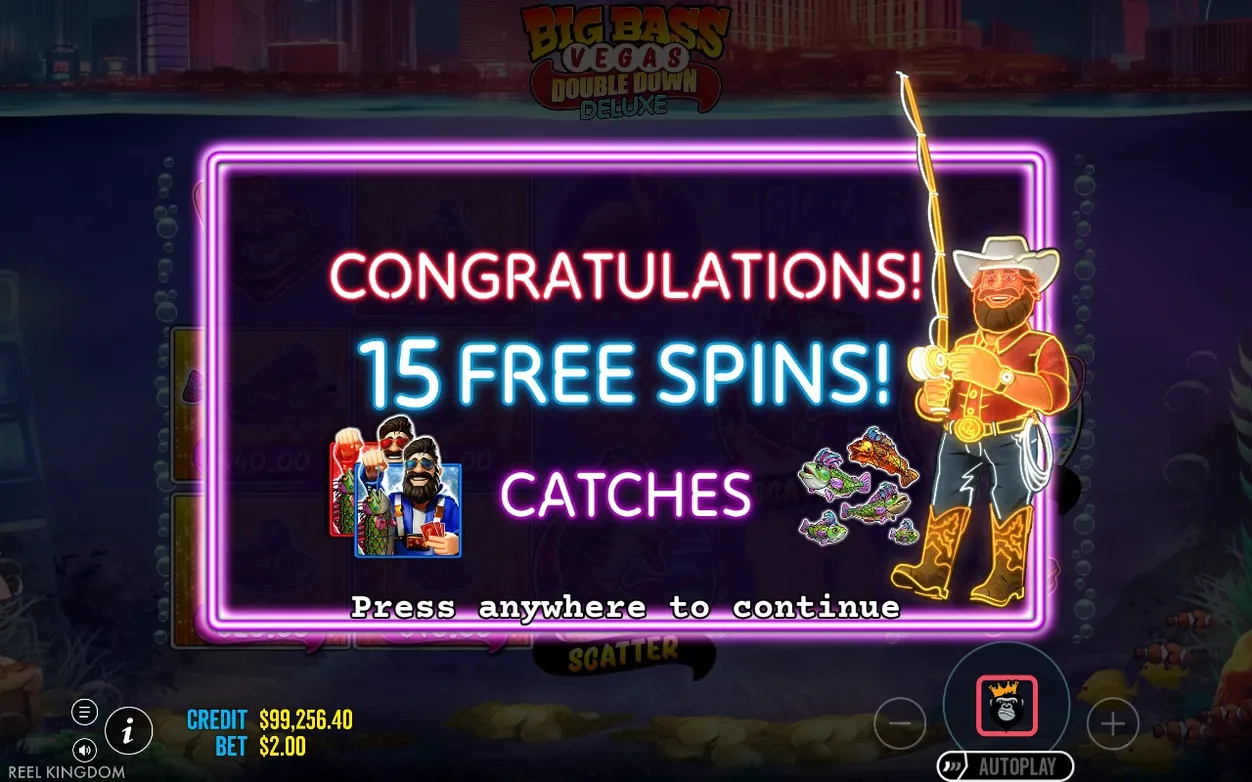 Overlay declares 15 Free Spins won, cowboy fisherman with rod, credit $99,256.40 showing