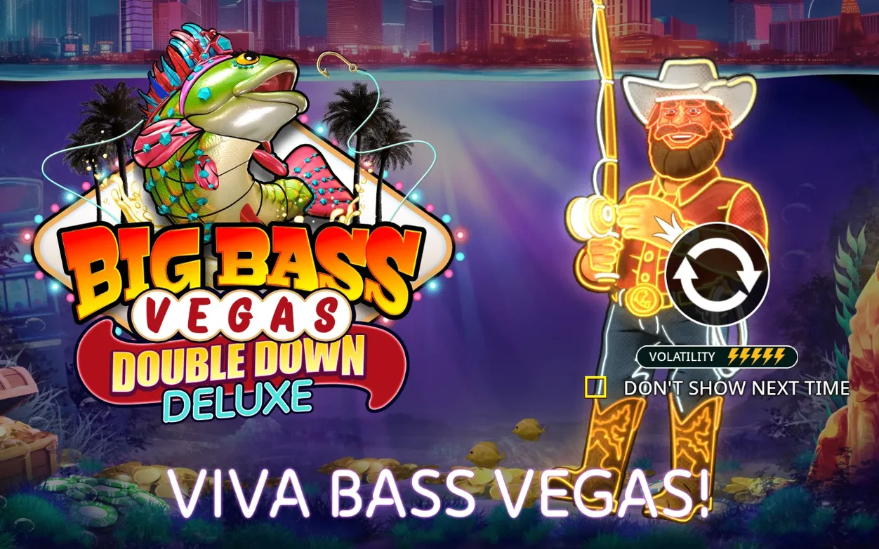 Splash screen shows neon cowboy fisherman, bass fish logo, volatility badge and VIVA BASS VEGAS tagline