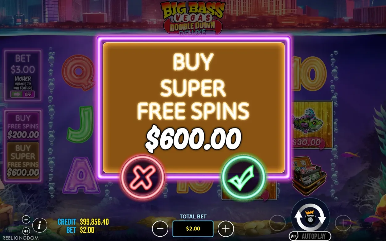 Pop-up confirms Buy Super Free Spins for $600.00, cancel X and checkmark buttons shown below