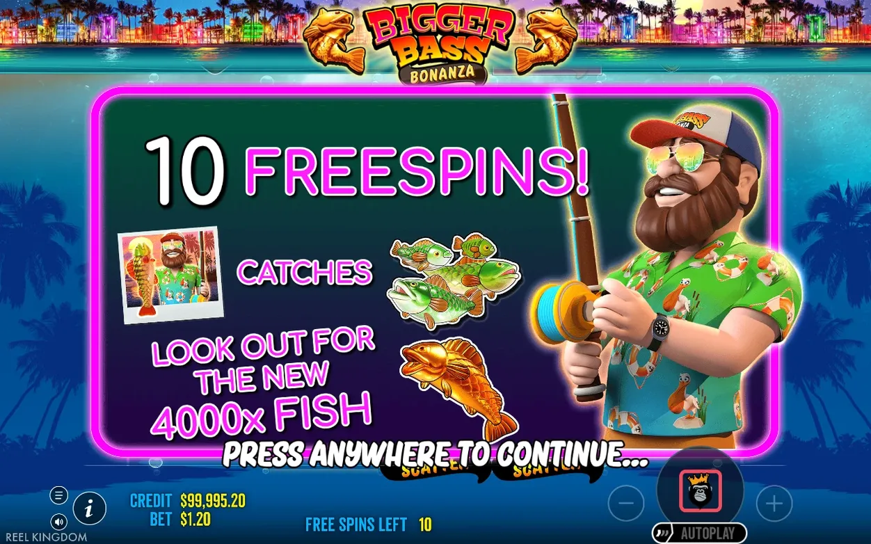 Trigger screen announces 10 FREESPINS with the fisherman mascot, rod, and stacked fish catches.