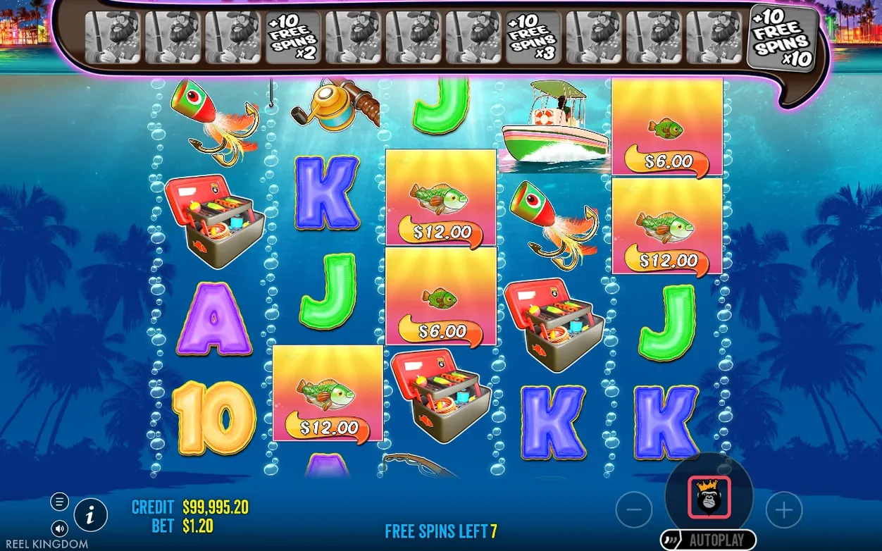 Free spins reel shows multiple $12.00 and $6.00 money tags with 7 free spins remaining below.