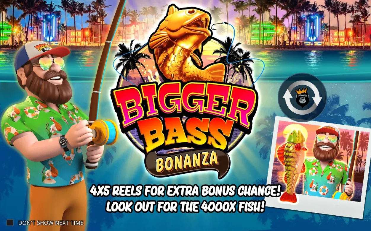 Splash screen shows golden trophy bass logo, bearded fisherman, and 4X5 REELS promo text.