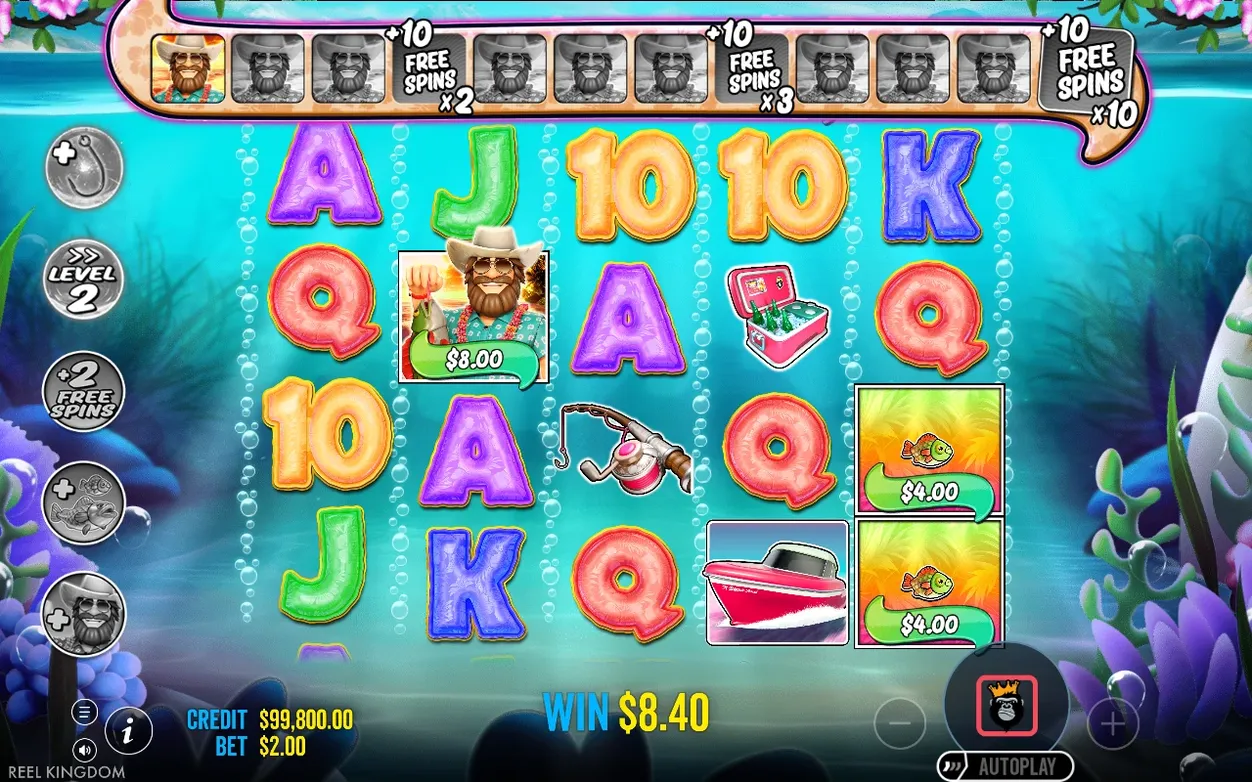 During free spins, the WILD fisherman lands worth $8.00 among letters and fish tiles, WIN $8.40 below.