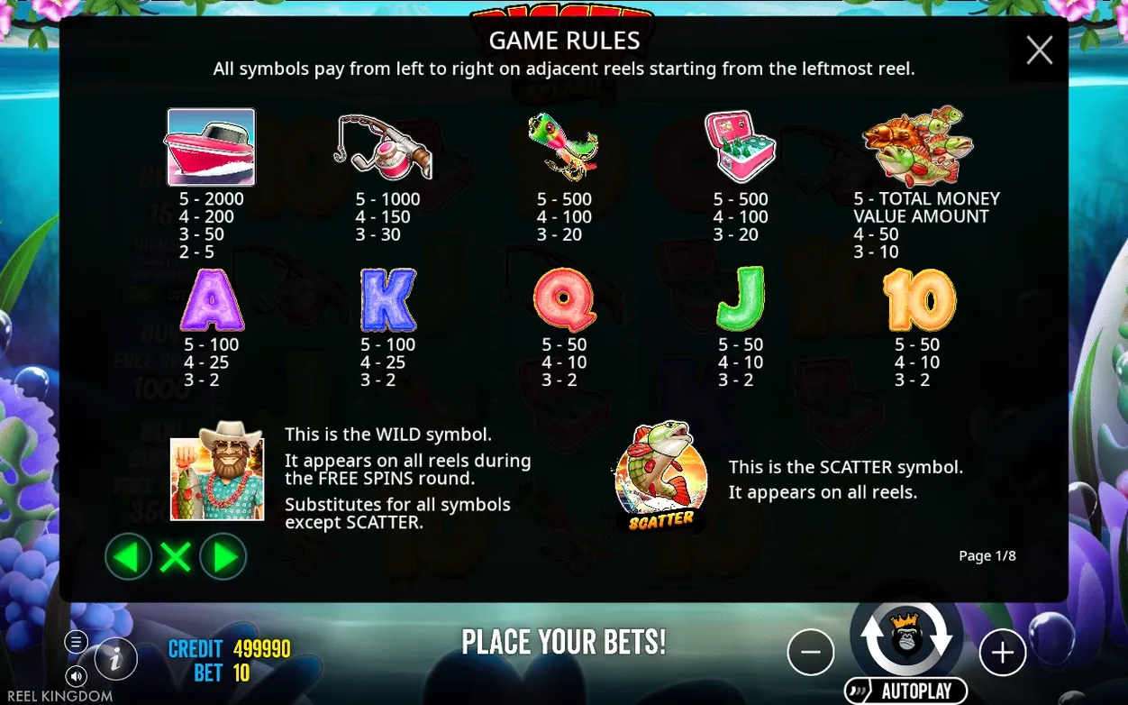 Page 1 of 8 game rules overlay details boat, rod, lure, cooler and fish payouts, with WILD and SCATTER symbols below.