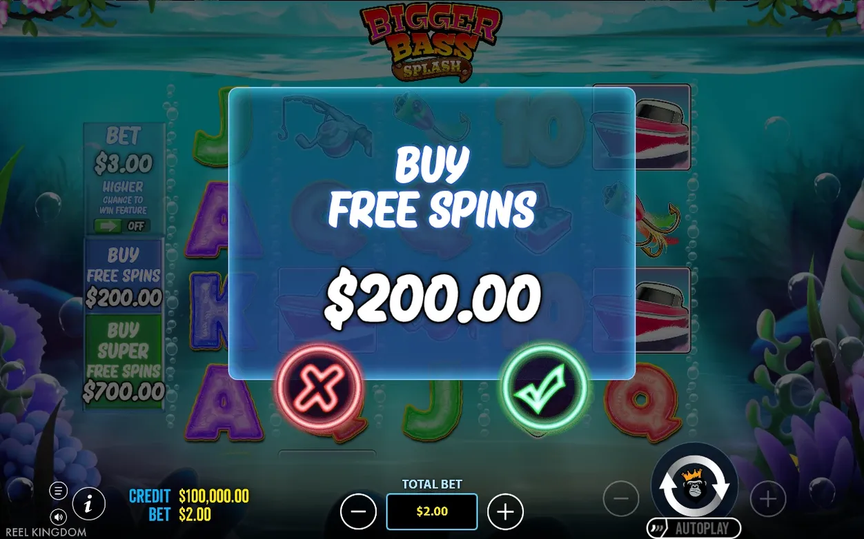 Buy Free Spins popup confirms a $200.00 purchase, with green checkmark and red X buttons.