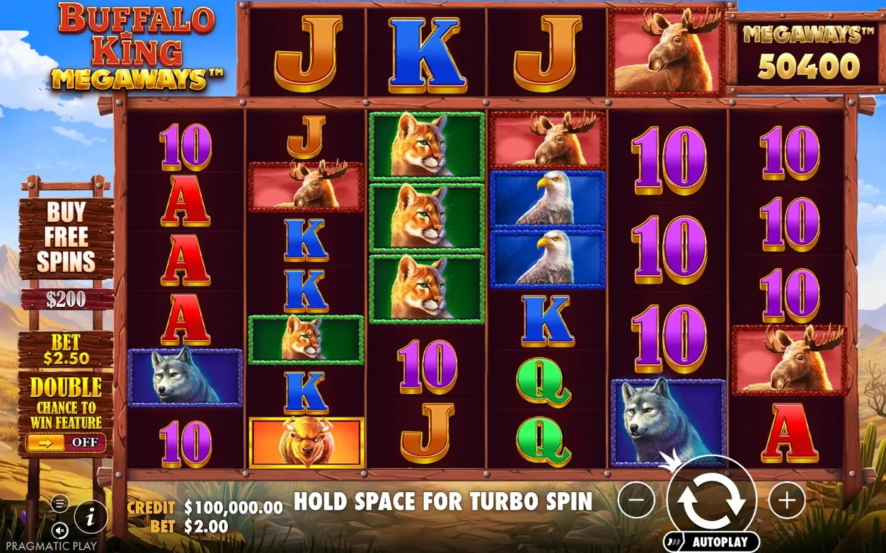 Base game reels full of card and animal symbols, Megaways counter reads 50400, bet $2.00