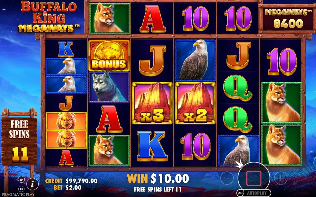 Free spins reels show two WILD mesa symbols with x3 and x2 multipliers, win $10.00, 11 spins left