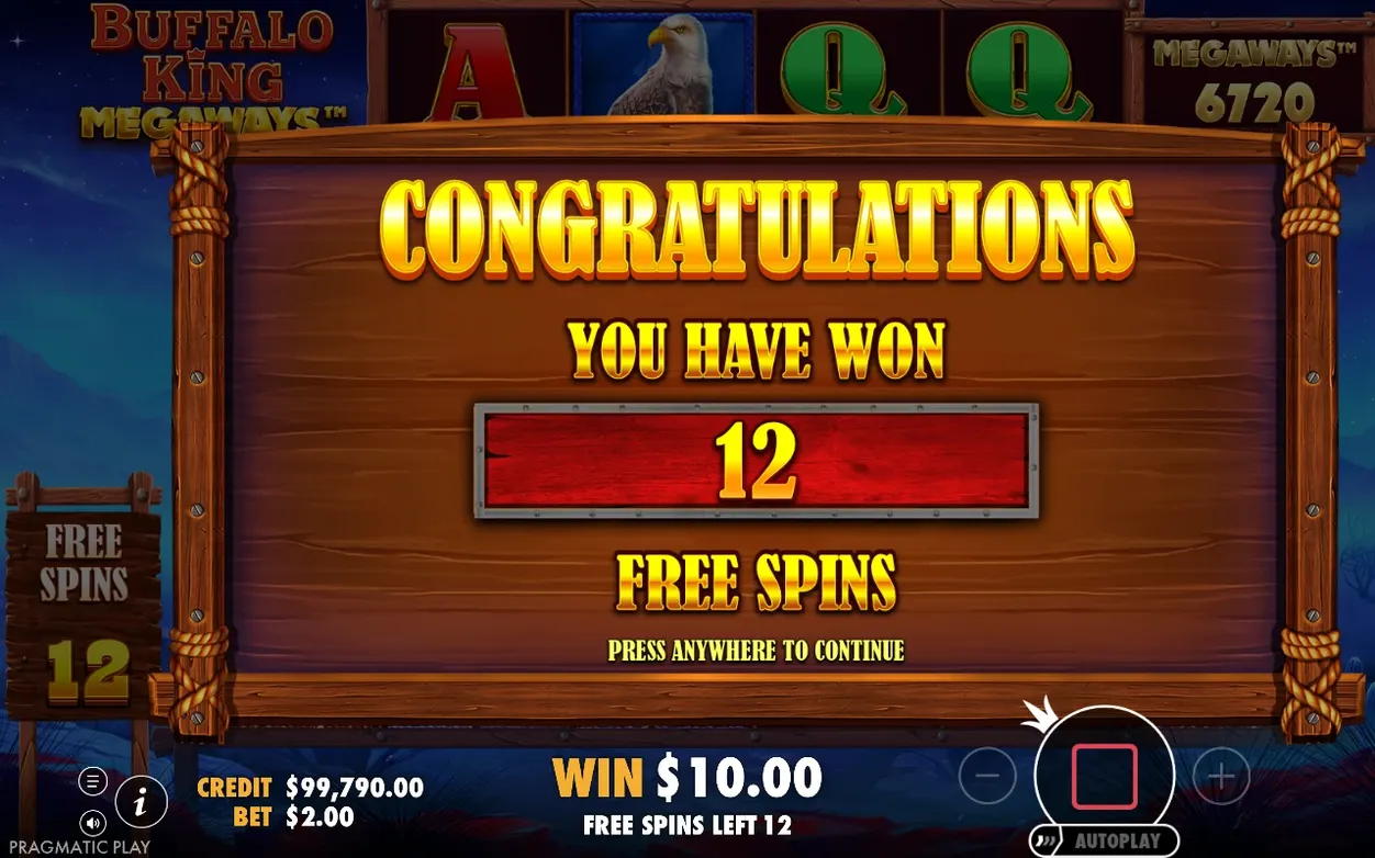 Wooden Congratulations sign awards 12 Free Spins, Megaways counter shows 6720, win $10.00