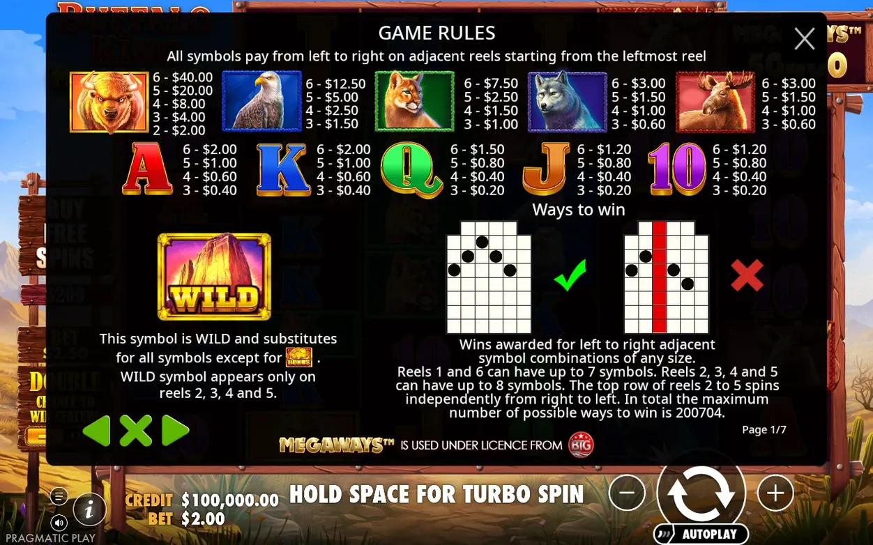 Game rules paytable listing buffalo, eagle, cougar, wolf, moose and card payouts plus WILD and ways-to-win diagrams