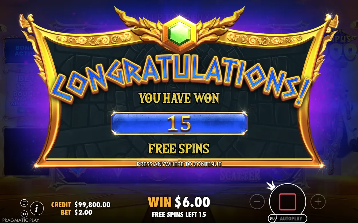 Congratulations screen confirms 15 free spins won, WIN $6.00, credit $99,800.00 and bet $2.00 shown below