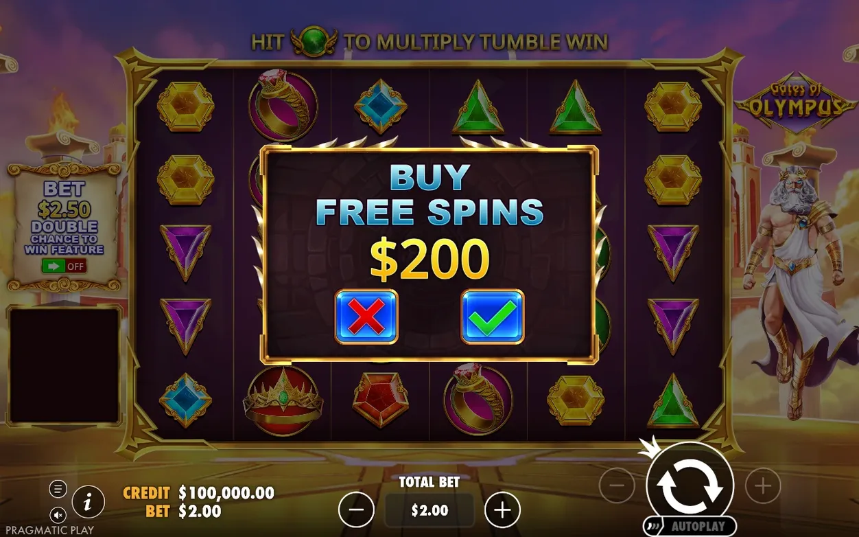 Buy Free Spins popup confirms the $200 purchase with red X cancel and green checkmark buttons