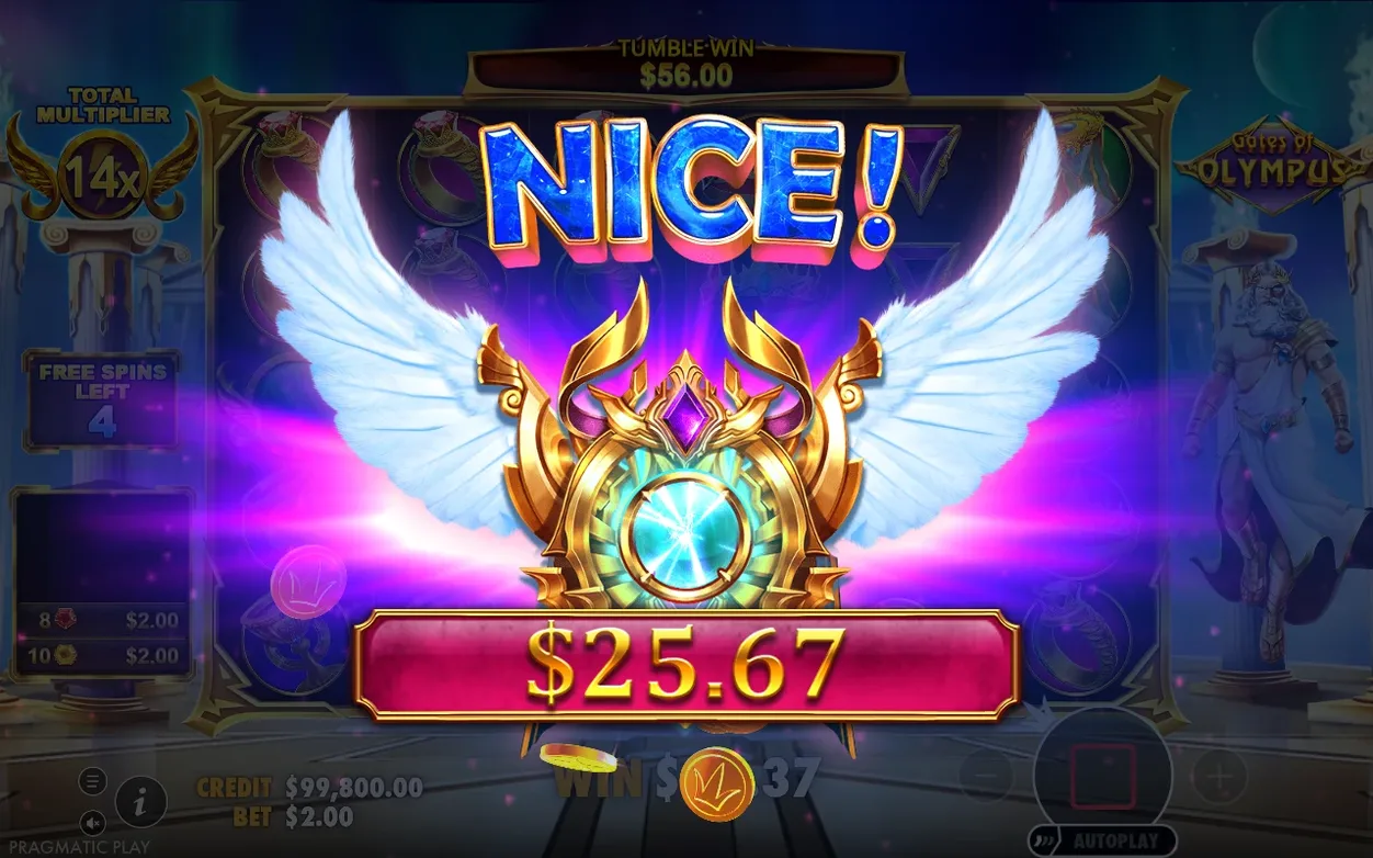 NICE! win overlay shows a 14x Total Multiplier, $56.00 tumble win and $25.67 payout, 4 Free Spins left