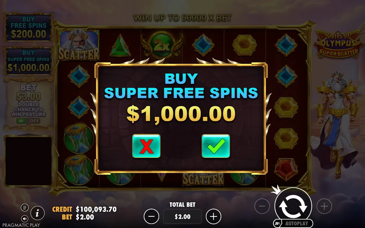 Buy Super Free Spins popup asks to confirm the $1,000.00 purchase with X or checkmark buttons.