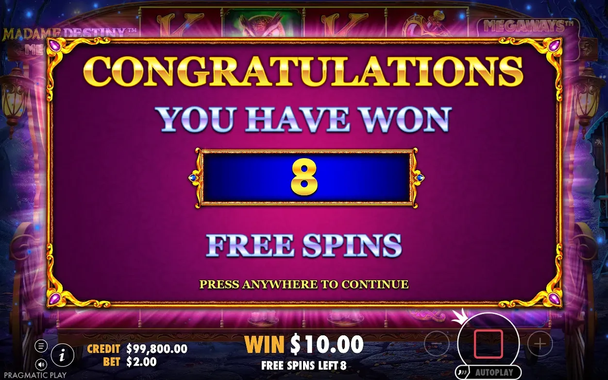 Congratulations screen shows 8 free spins won, credit $99,800.00, win $10.00 from trigger spin