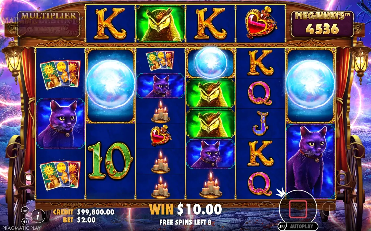 Free spins reels turn navy blue with Multiplier 4536 Megaways, win $10.00, 8 free spins left