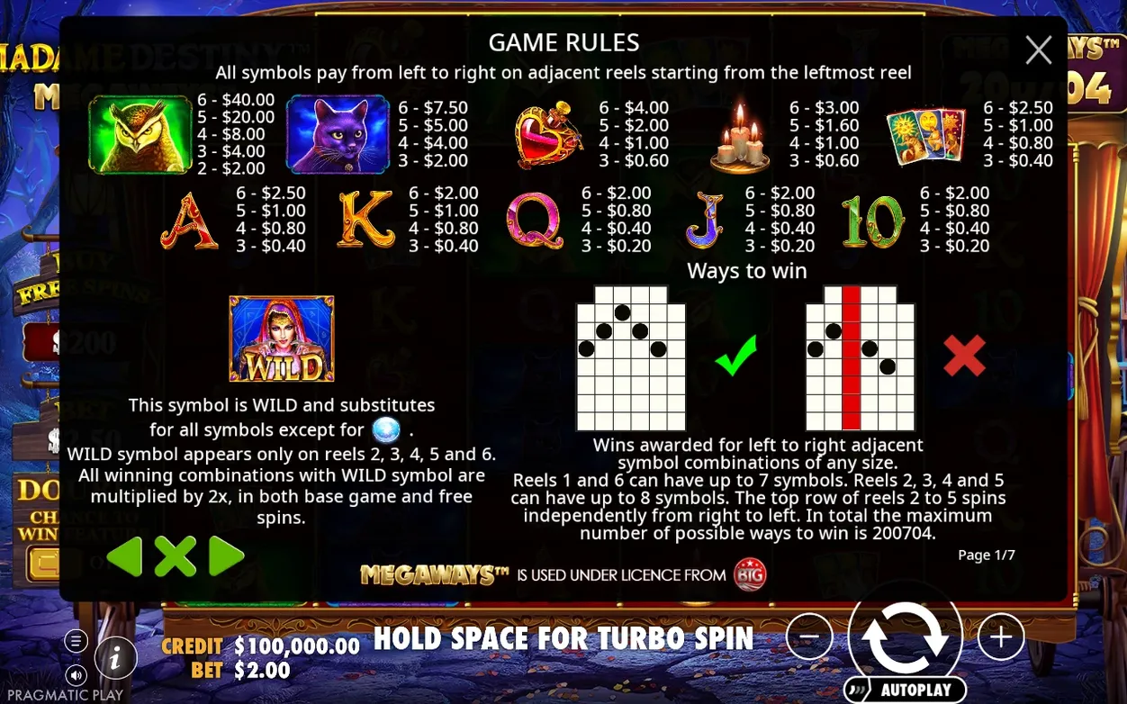 Game Rules page 1 of 7 lists owl, cat, heart, candle, tarot and letter symbol payouts plus Wild rules