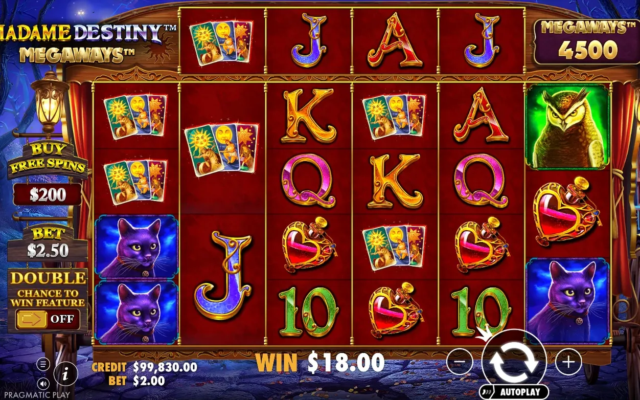 Base game win of $18.00 with owl, cat and card symbols, Megaways count 4500, bet $2.00