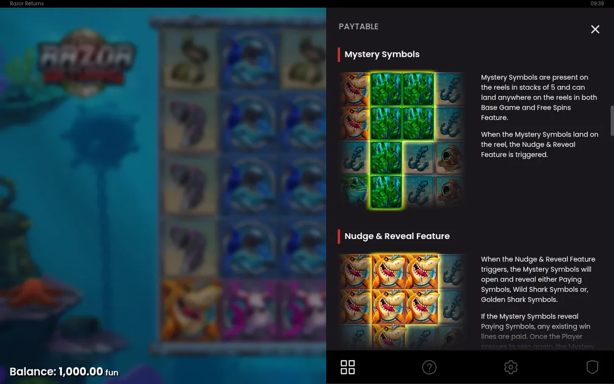 Paytable page details green Mystery Symbol stacks and explains the Nudge and Reveal Feature mechanics