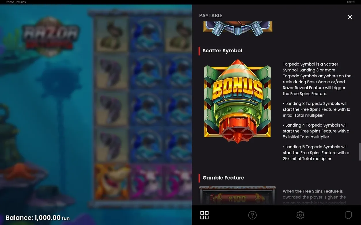 Scatter Symbol page explains Torpedo triggers for Free Spins, followed by a Gamble Feature overview