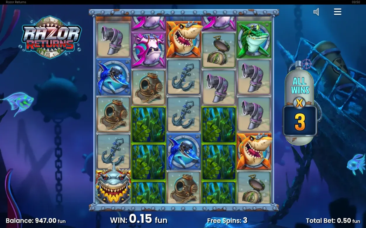 Free spins grid shows green Mystery Symbol tiles, All Wins x3, Free Spins: 3, WIN 0.15 fun, Balance 947.00 fun