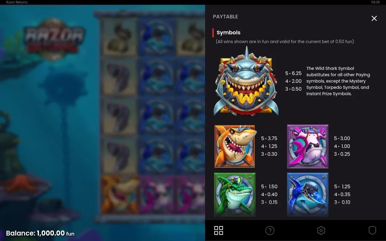 Paytable Symbols page lists the Wild Shark Symbol and four shark/fish icons with payouts from 0.10 to 6.25 fun